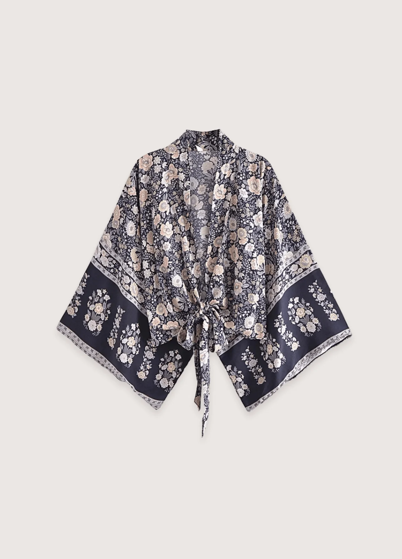 Kimono court bohème gris et rose