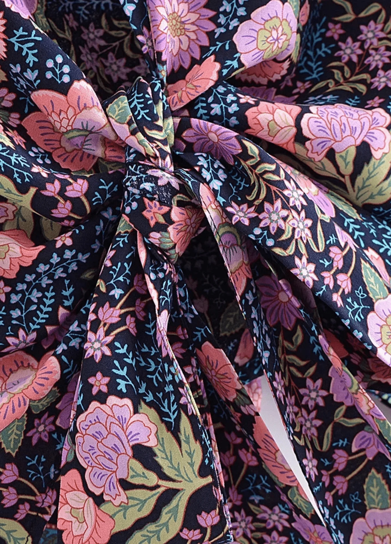 Kimono court plage fleuri rose et bleu nuit - Image 4