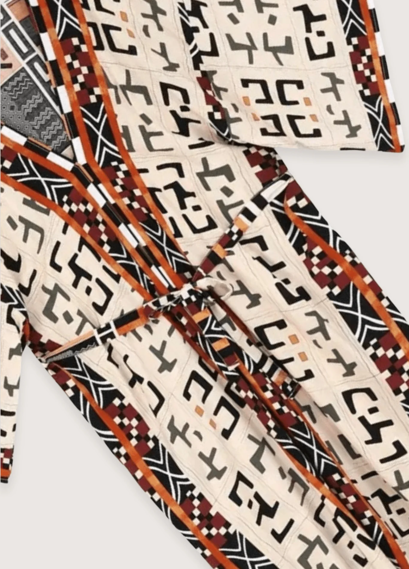 Kimono long beige gris à motif géométrique tribal - Image 3